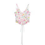 Pink floral sleeveless V-neck double-layer cami with spaghetti straps and waist tie