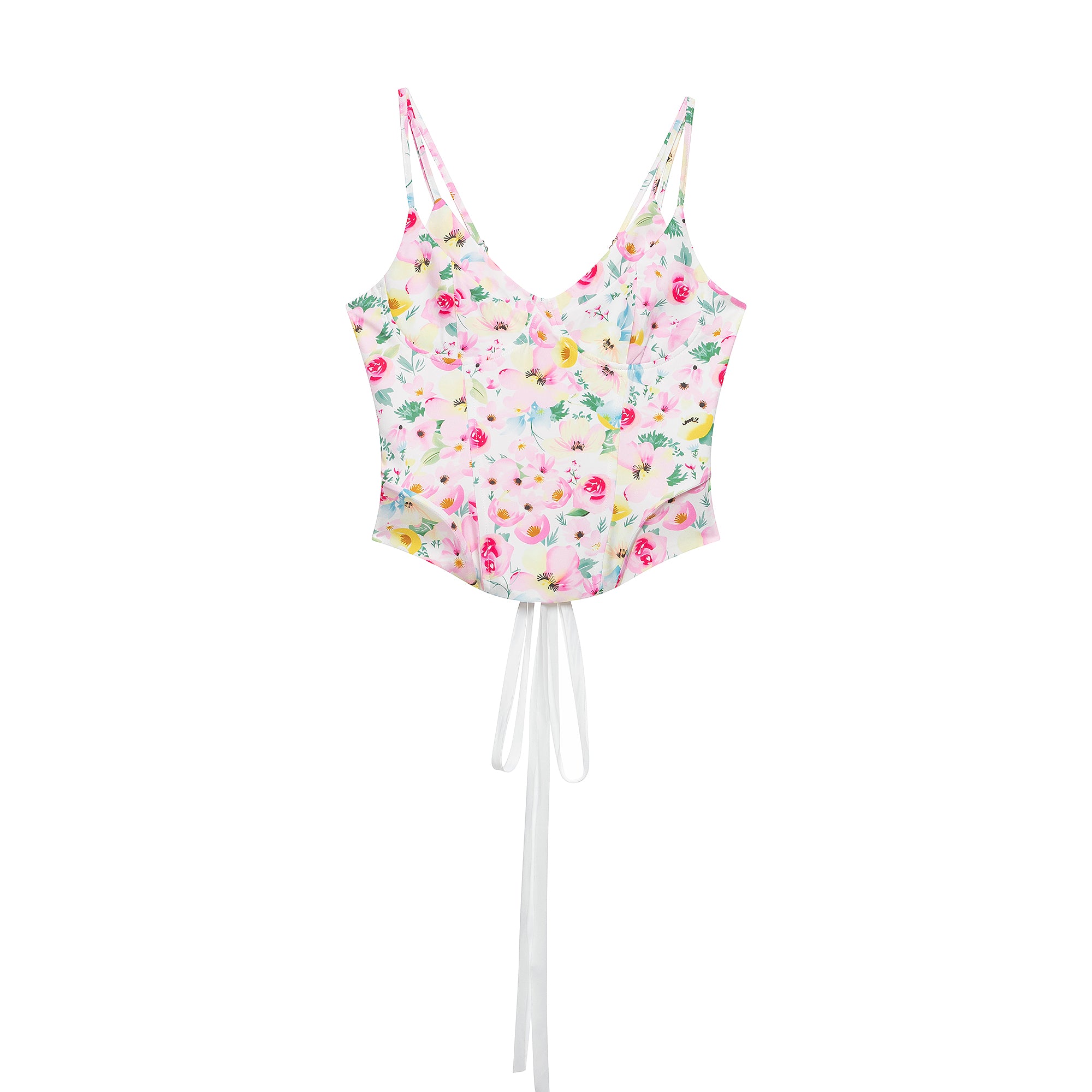 Pink floral sleeveless V-neck double-layer cami with spaghetti straps and waist tie