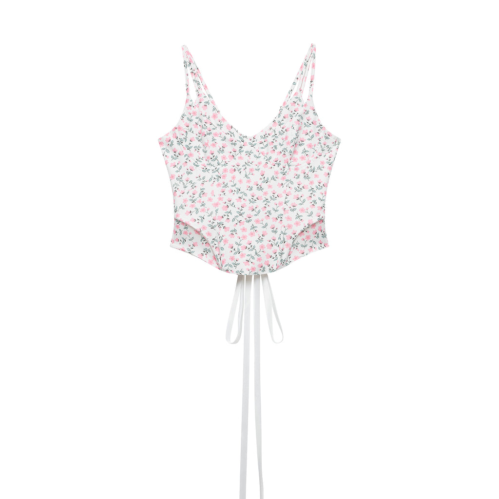 White floral sleeveless V-neck double-layer cami with spaghetti straps and waist tie