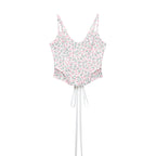 White floral sleeveless V-neck double-layer cami with spaghetti straps and waist tie