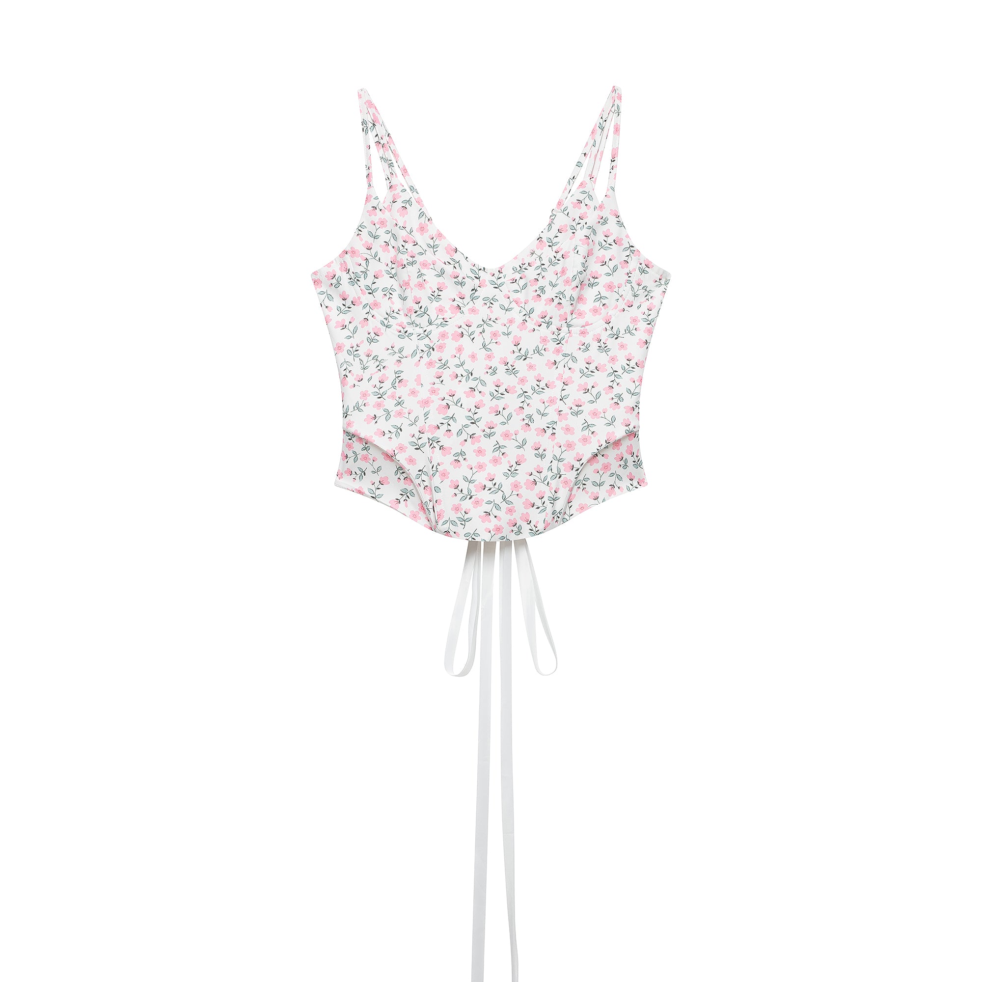 White floral sleeveless V-neck double-layer cami with spaghetti straps and waist tie