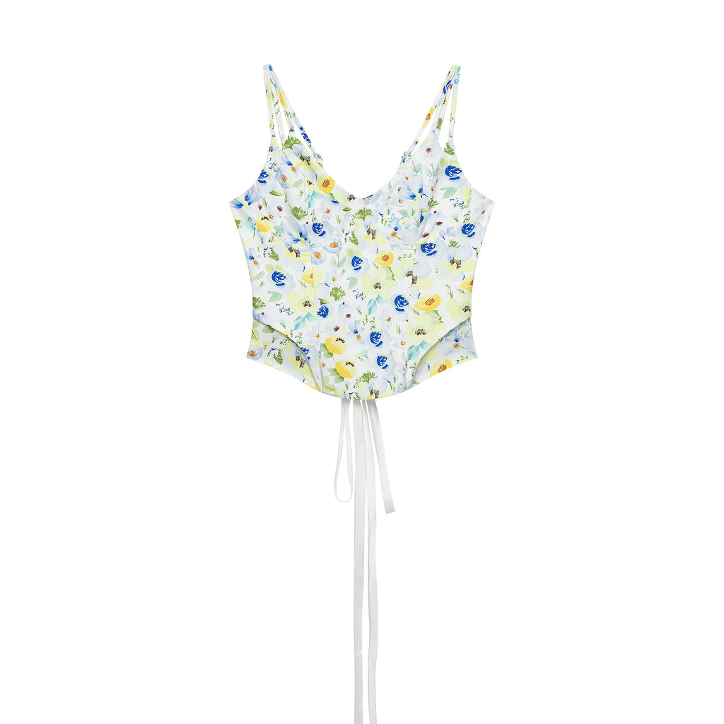 Blue and yellow floral sleeveless V-neck double-layer cami with spaghetti straps and tie