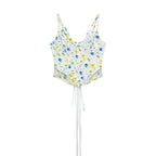 Blue and yellow floral sleeveless V-neck double-layer cami with spaghetti straps and tie