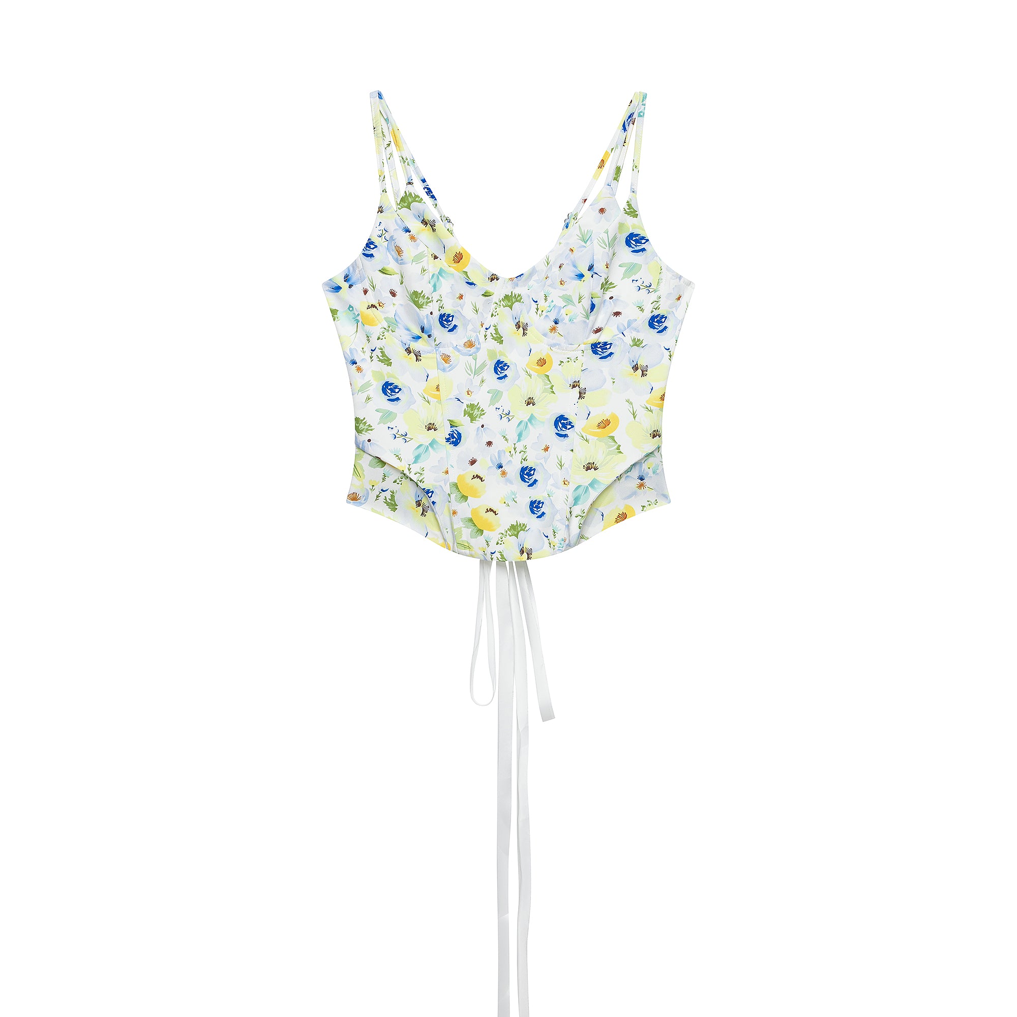 Blue and yellow floral sleeveless V-neck double-layer cami with spaghetti straps and tie