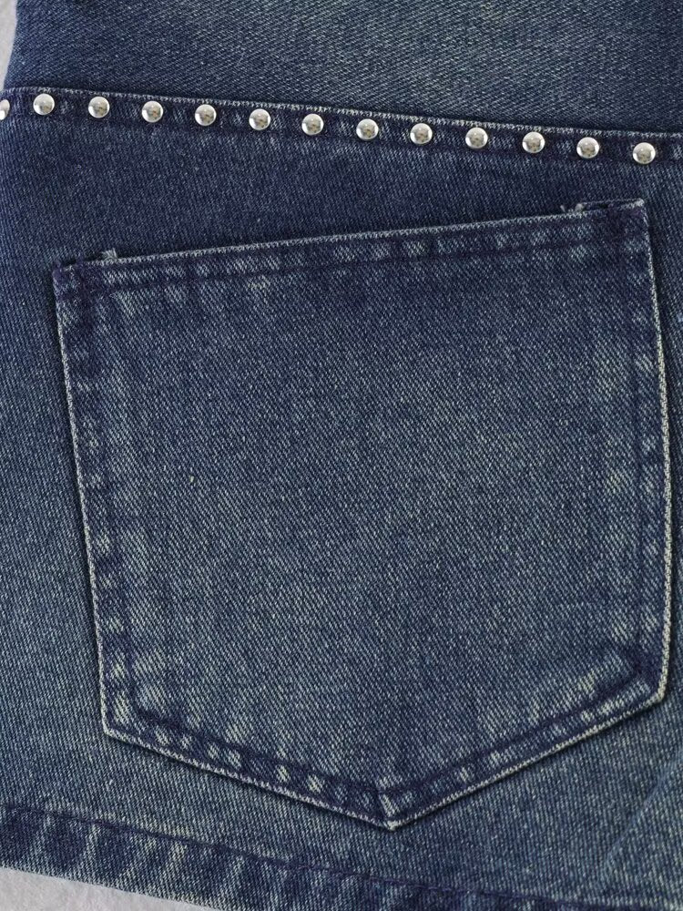 Women Summer Sexy Retro Mid Waist Sweet Cool Rivet Heavy