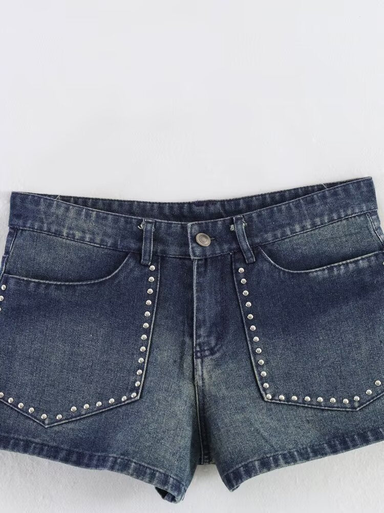 Women Summer Sexy Retro Mid Waist Sweet Cool Rivet Heavy