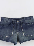 Women Summer Sexy Retro Mid Waist Sweet Cool Rivet Heavy