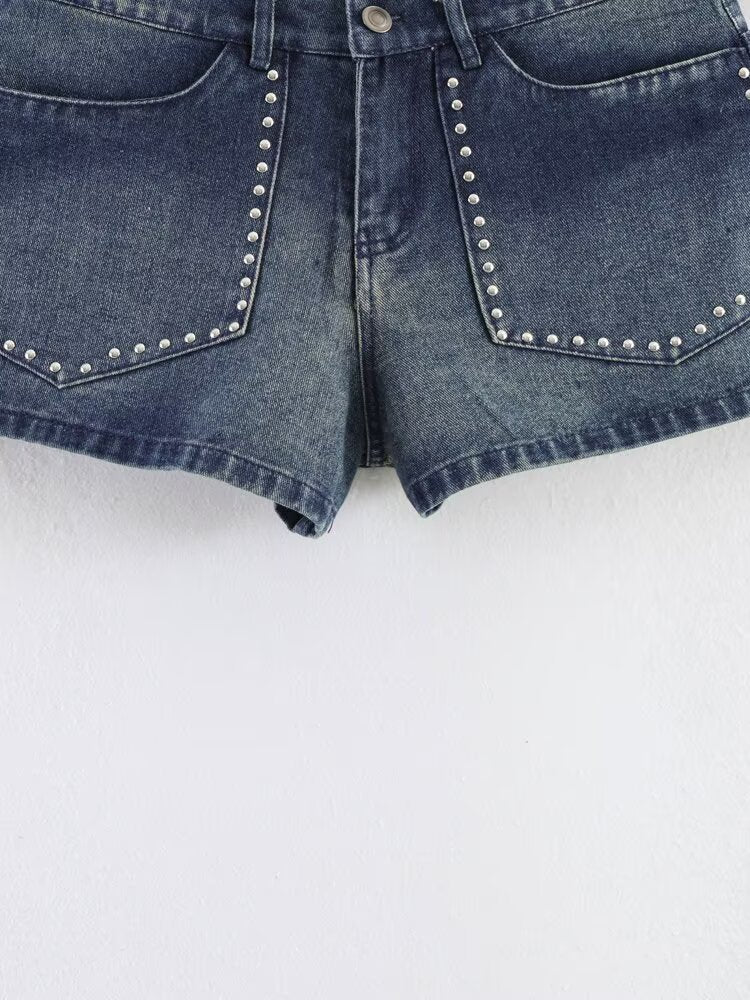 Women Summer Sexy Retro Mid Waist Sweet Cool Rivet Heavy