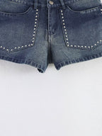 Women Summer Sexy Retro Mid Waist Sweet Cool Rivet Heavy