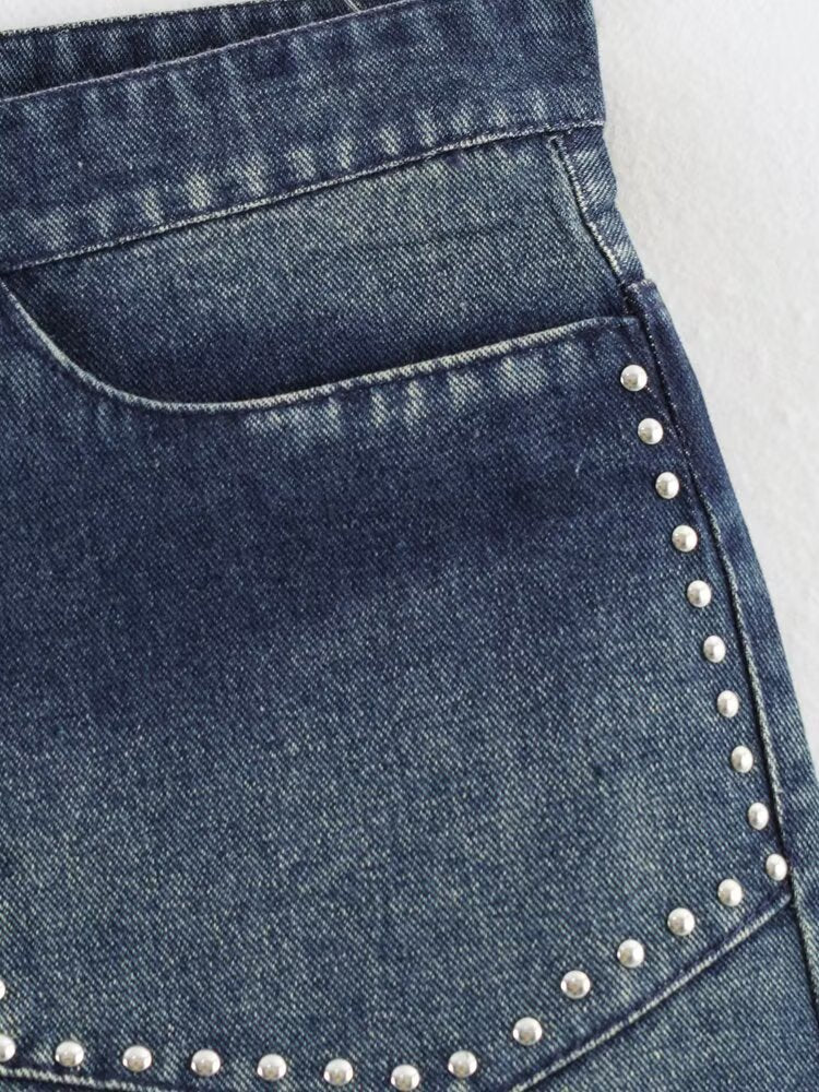 Women Summer Sexy Retro Mid Waist Sweet Cool Rivet Heavy