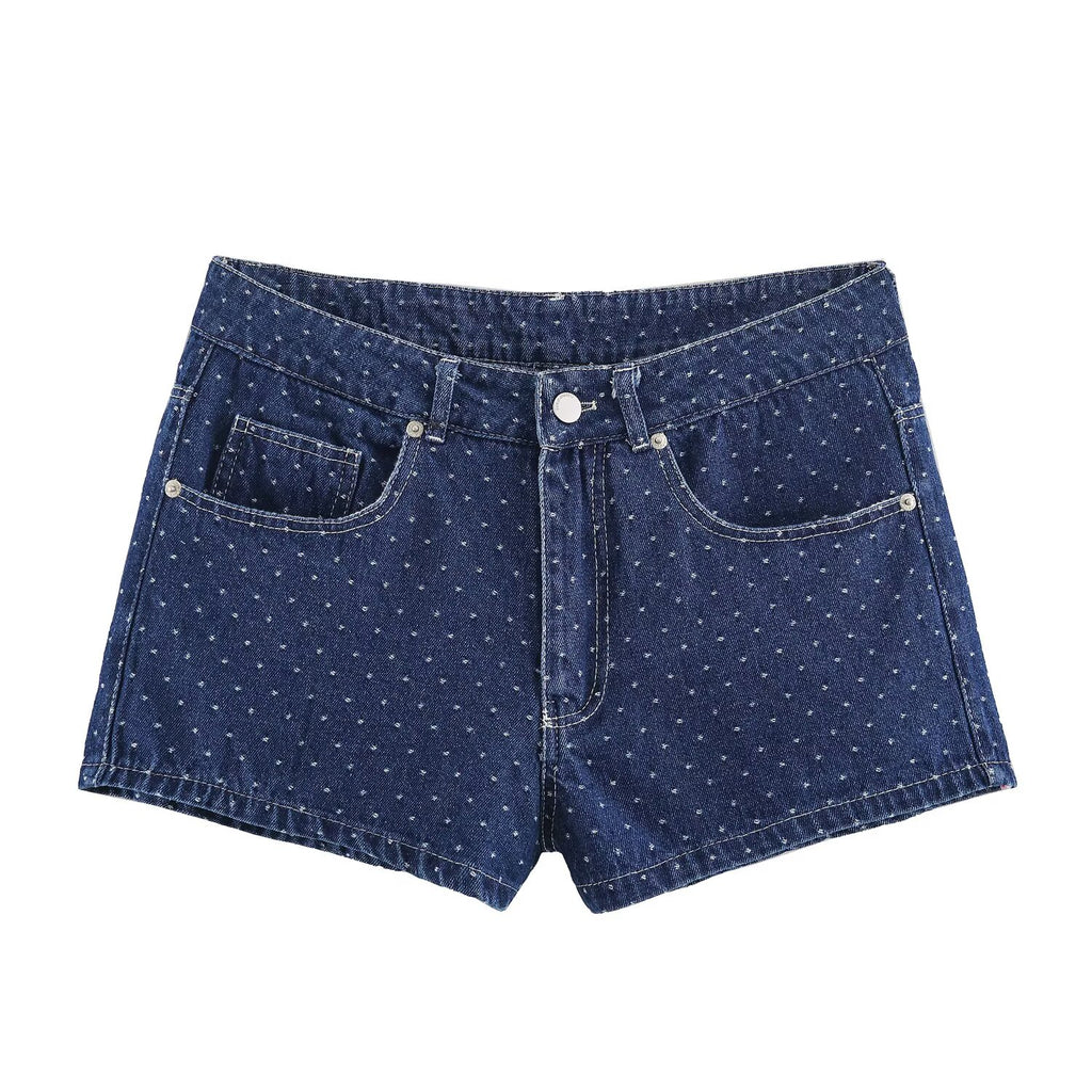 Blue polka dot denim shorts with front button and pockets
