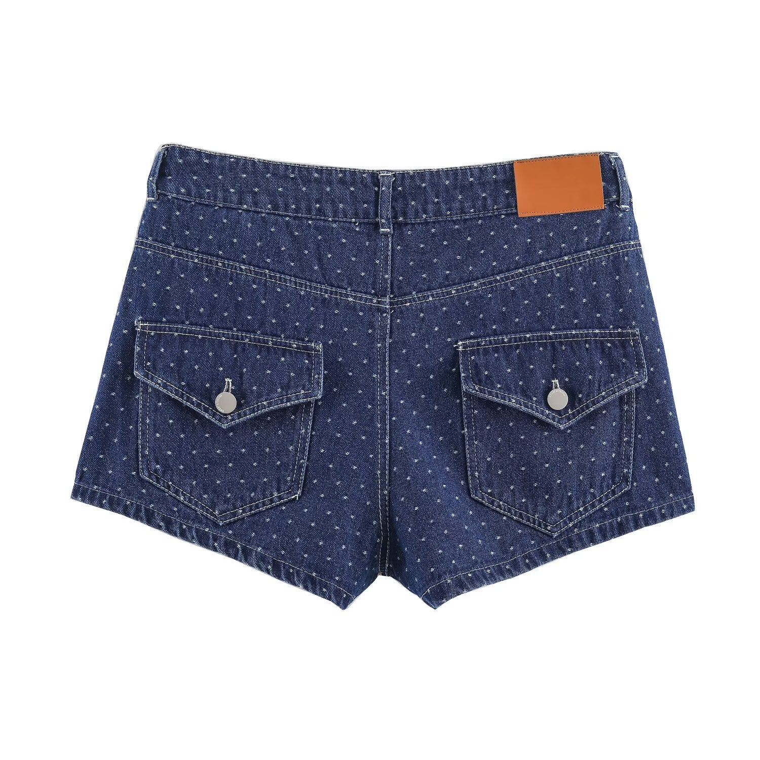 Blue polka dot denim shorts, rear with patch and belt loops