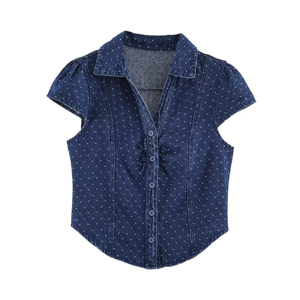 Blue polka dot denim short-sleeve shirt with pointed collar