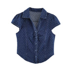Blue polka dot denim short-sleeve shirt with pointed collar