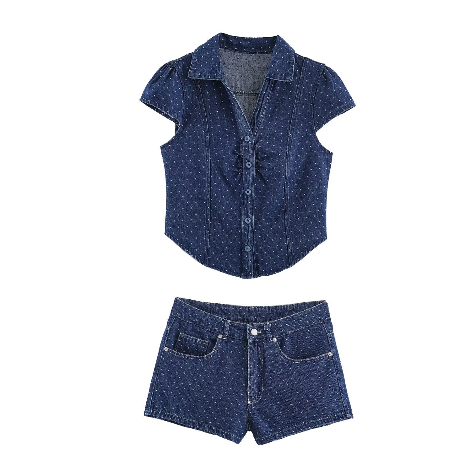 Polka dot denim shirt and shorts set