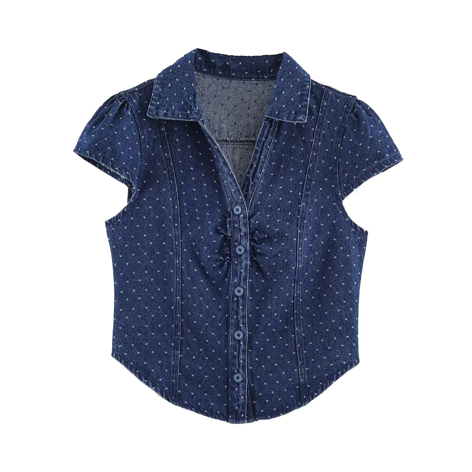 Blue polka dot denim short-sleeve button-up shirt