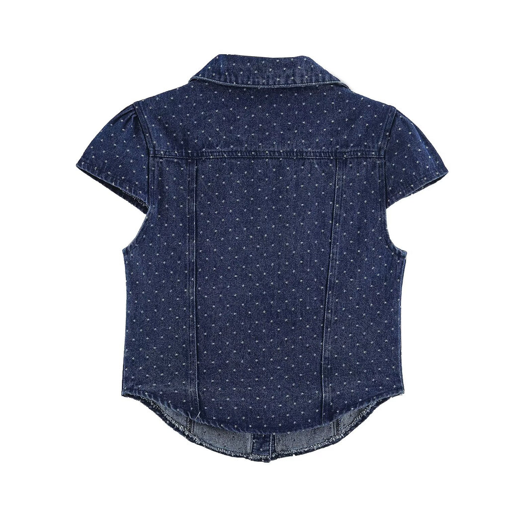 Blue polka dot denim short-sleeve button-up shirt, back