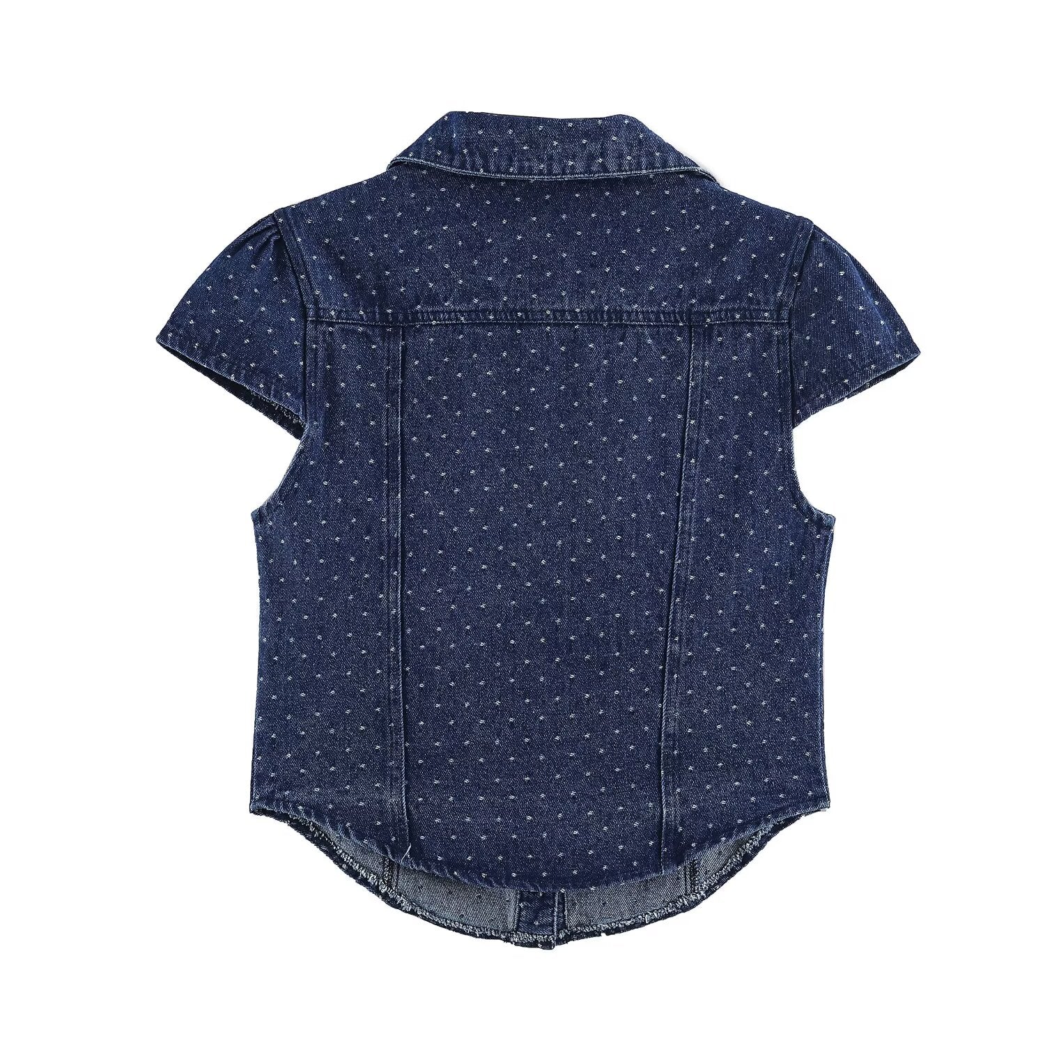 Blue polka dot denim short-sleeve button-up shirt, back