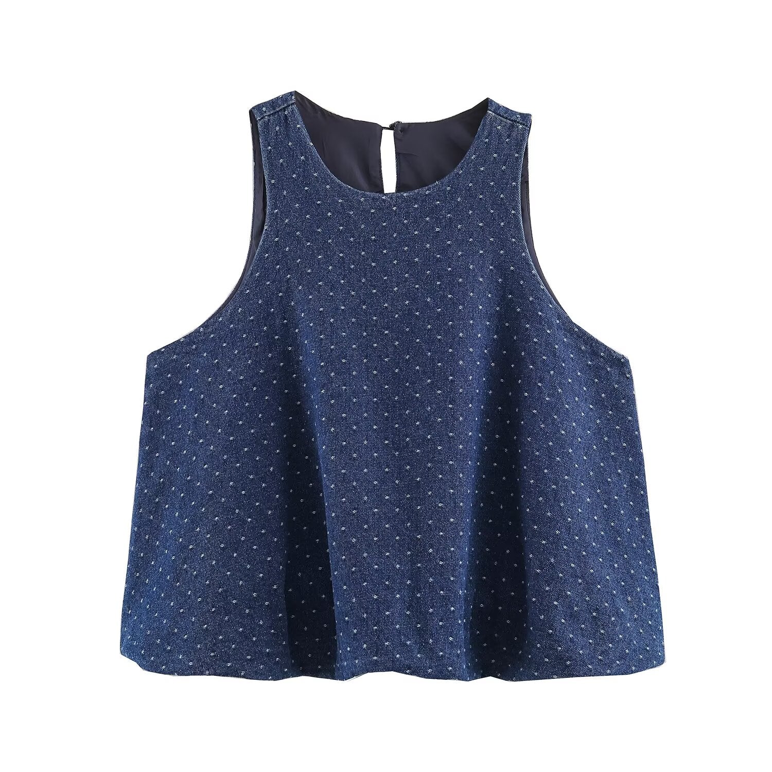 Summer Women Clothing Casual Anti Aging Polka Dot Pattern Blue Sleeveless round Neck Denim Shirt Vest Top
