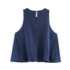 Summer Women Clothing Casual Anti Aging Polka Dot Pattern Blue Sleeveless round Neck Denim Shirt Vest Top