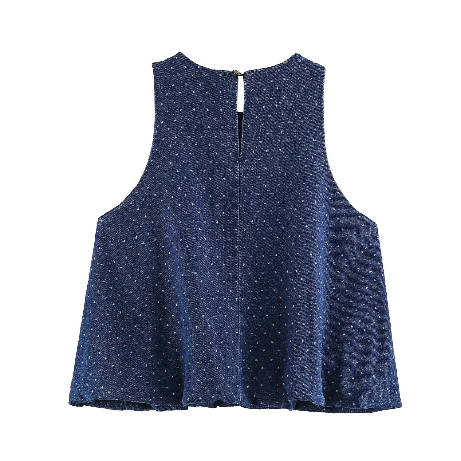 Summer Women Clothing Casual Anti Aging Polka Dot Pattern Blue Sleeveless round Neck Denim Shirt Vest Top