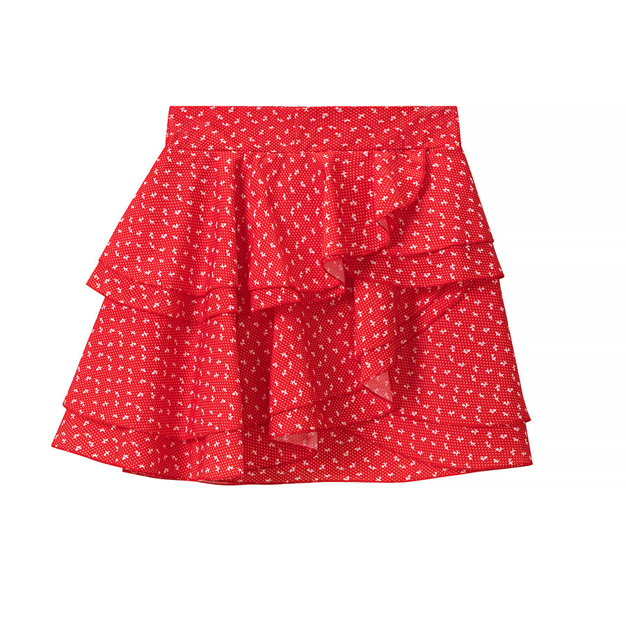 Women Retro Printed Crew neck Short Top Flounced Skirt Set