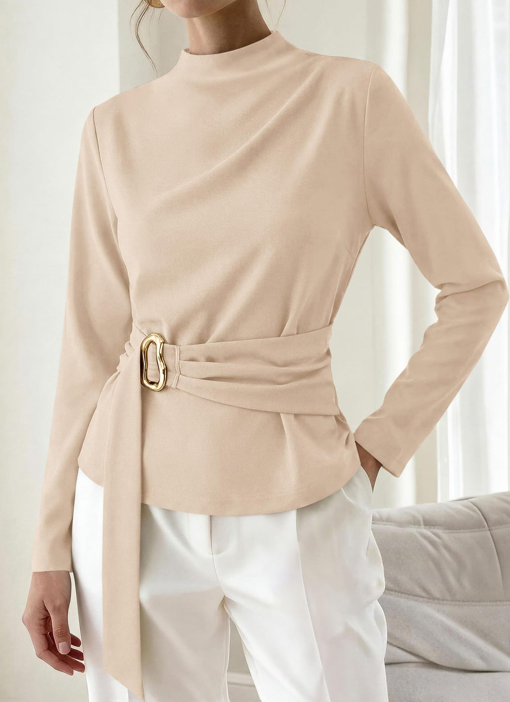 Women Office Solid Color Long Sleeve Belt Buckle Decorative