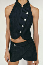 Women Clothing at Contrast Color Trim Hanging Collar Vest Shorts Two Piece Sets