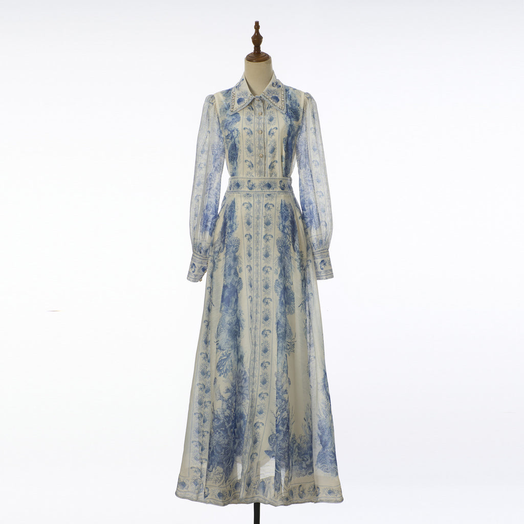 Women Vacation Print Long Dress Long Sleeved Shirt Two