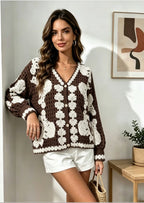 Women Multi Color V Neck Knitted Fall Cardigan