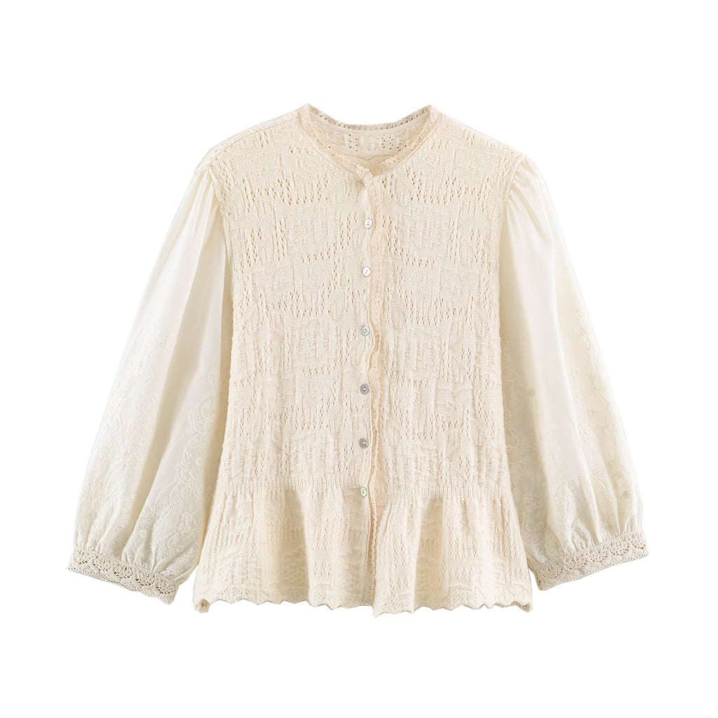 Women Clothing Sweet round Neck Button 3/4 Sleeve Mesh