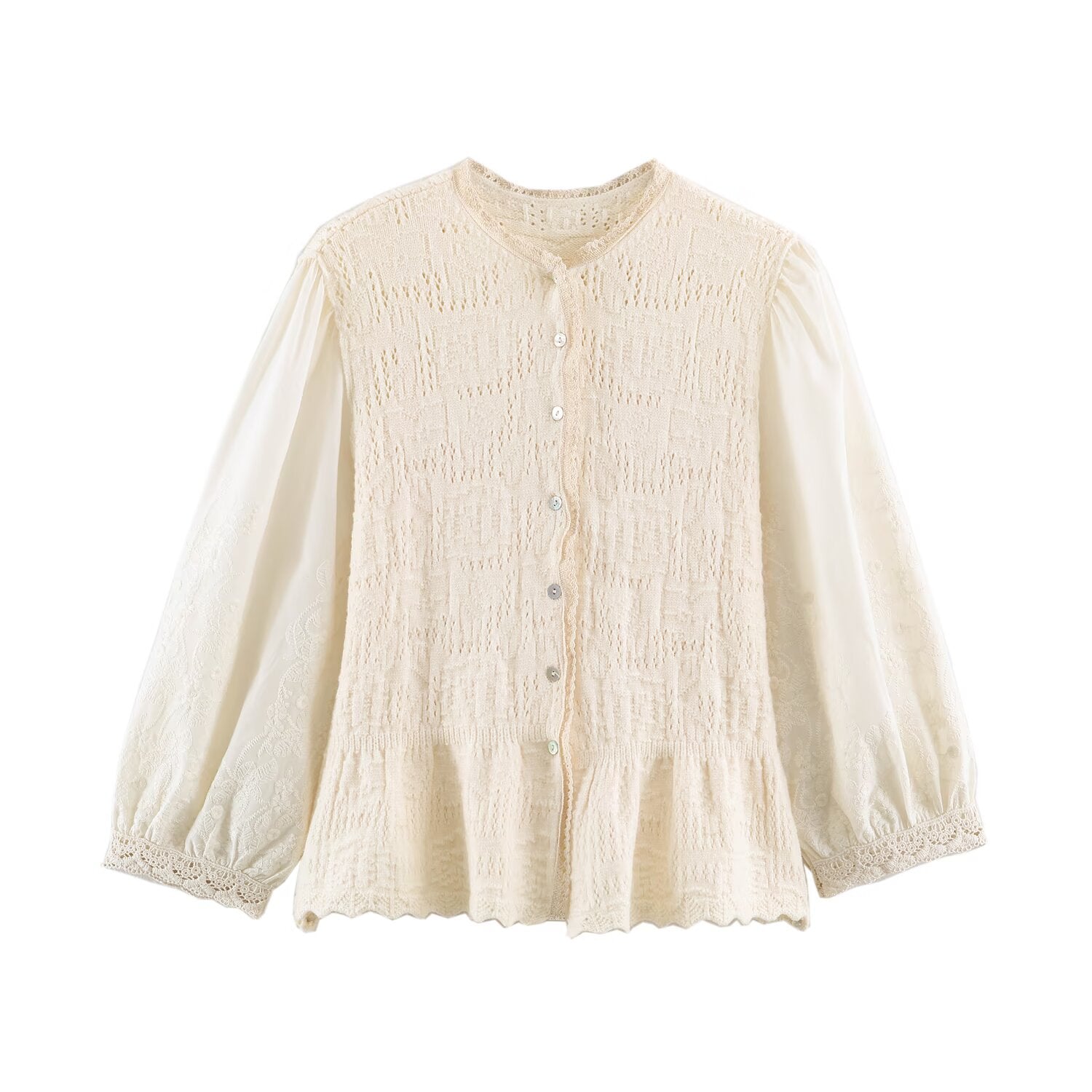Women Clothing Sweet round Neck Button 3/4 Sleeve Mesh