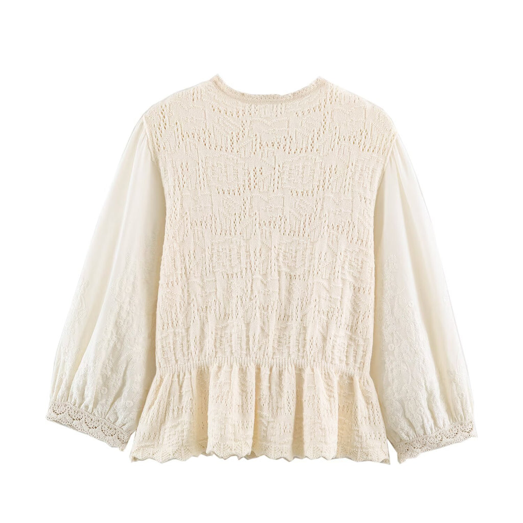 Women Clothing Sweet round Neck Button 3/4 Sleeve Mesh
