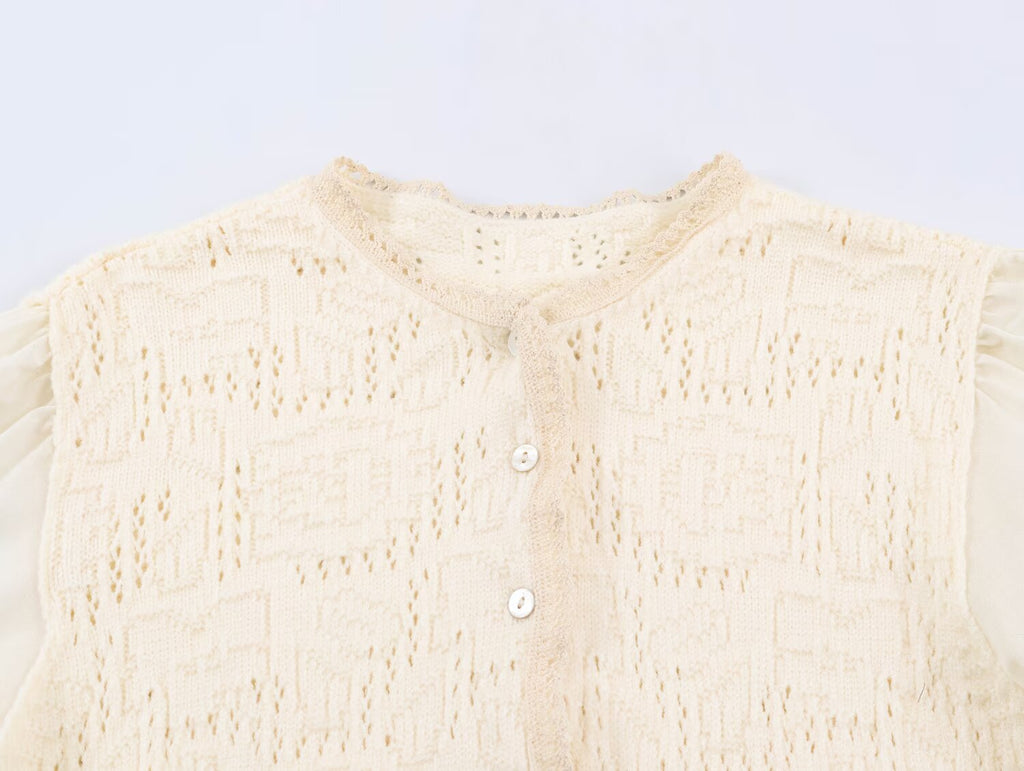 Women Clothing Sweet round Neck Button 3/4 Sleeve Mesh
