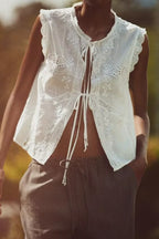 Women Summer Arrival Lace trimmed Sleeveless Tank Top with Bow Embroidery Sheer Design for Women
