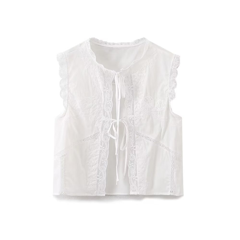 Women Summer Arrival Lace trimmed Sleeveless Tank Top with Bow Embroidery Sheer Design for Women