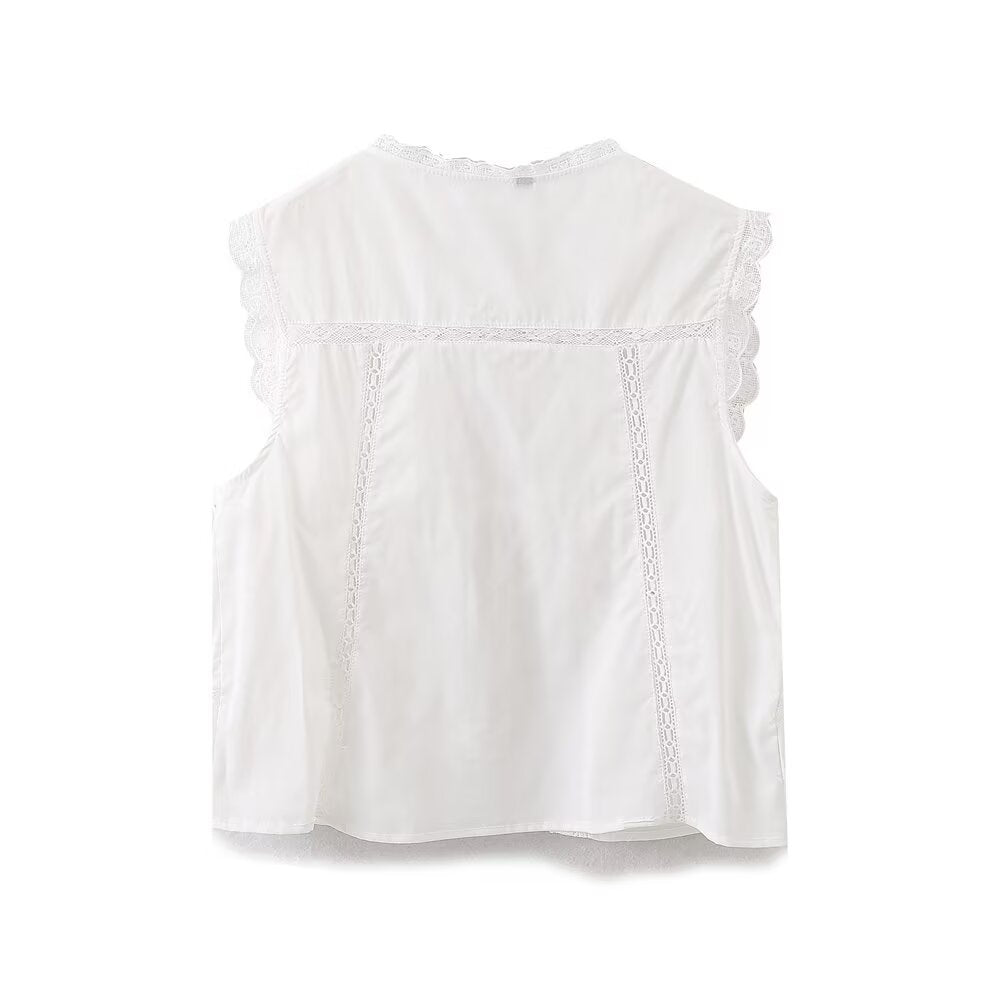 Women Summer Arrival Lace trimmed Sleeveless Tank Top with Bow Embroidery Sheer Design for Women