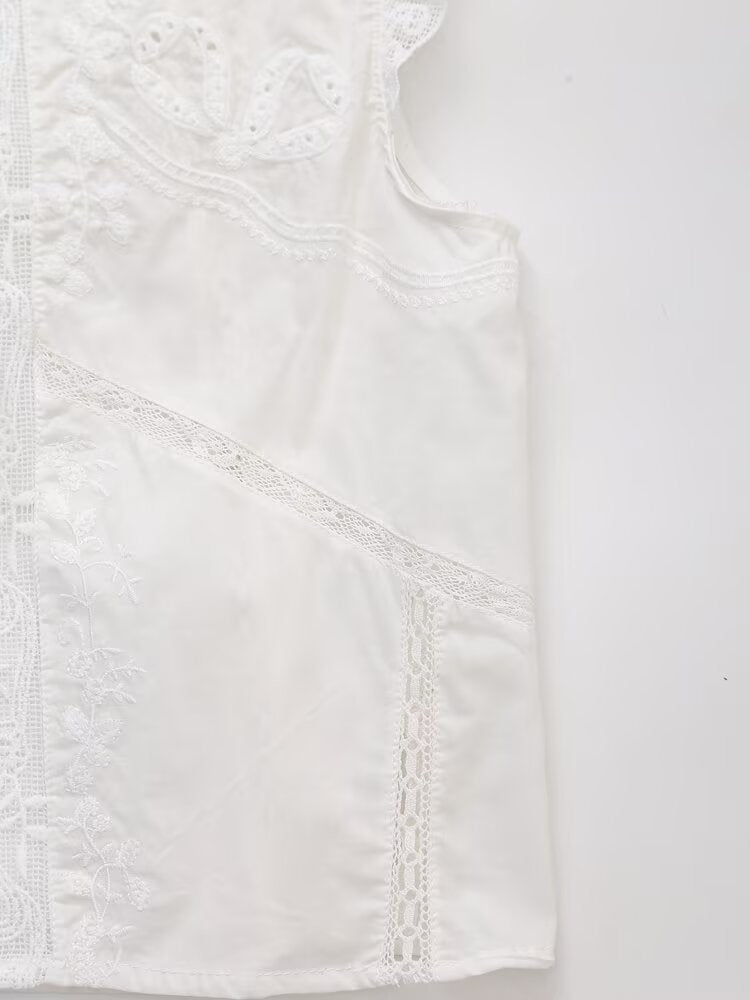 Women Summer Arrival Lace trimmed Sleeveless Tank Top with Bow Embroidery Sheer Design for Women