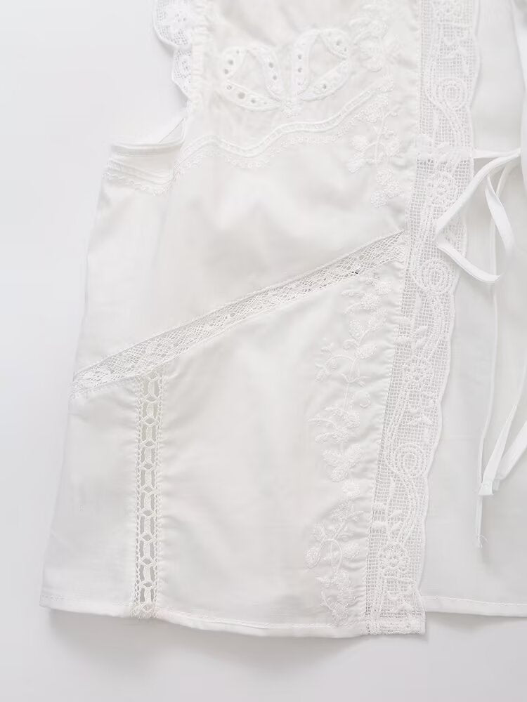 Women Summer Arrival Lace trimmed Sleeveless Tank Top with Bow Embroidery Sheer Design for Women
