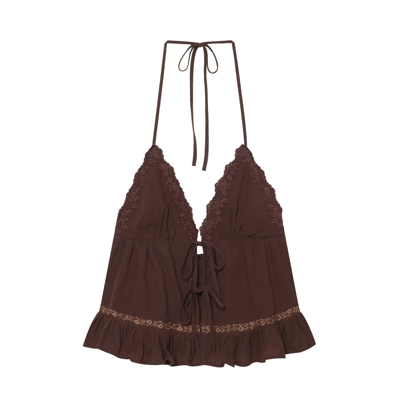 Women Clothing Summer Sexy Tulle Embroidered Hanging Collar