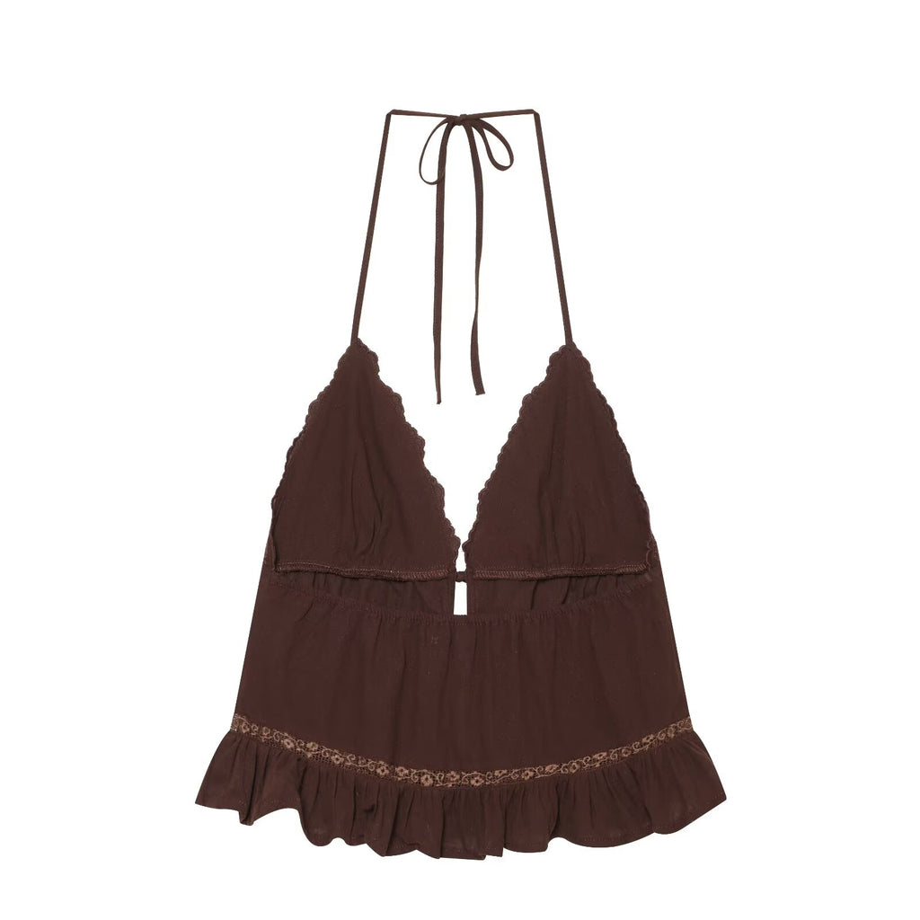 Women Clothing Summer Sexy Tulle Embroidered Hanging Collar