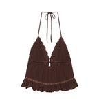 Women Clothing Summer Sexy Tulle Embroidered Hanging Collar