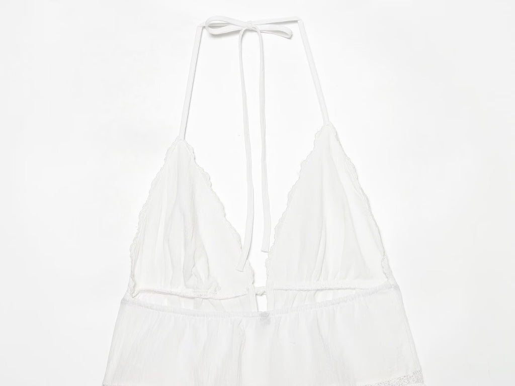 Women Clothing Summer Sexy Tulle Embroidered Hanging Collar