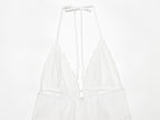 Women Clothing Summer Sexy Tulle Embroidered Hanging Collar