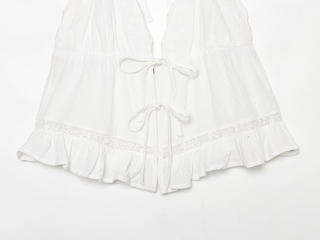 Women Clothing Summer Sexy Tulle Embroidered Hanging Collar
