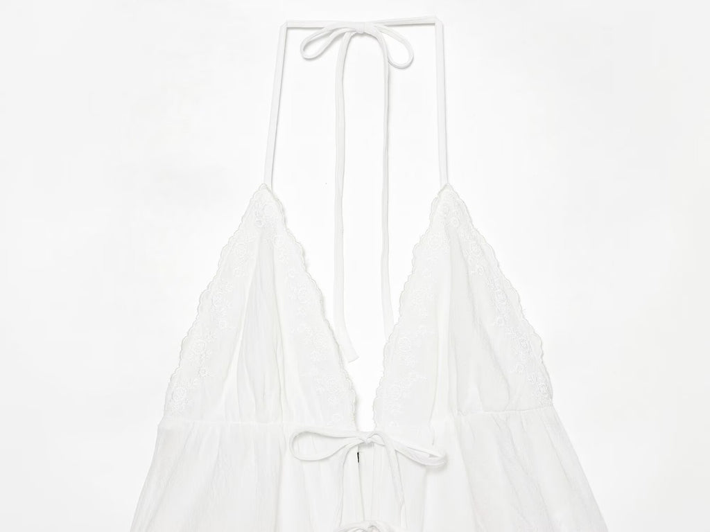 Women Clothing Summer Sexy Tulle Embroidered Hanging Collar
