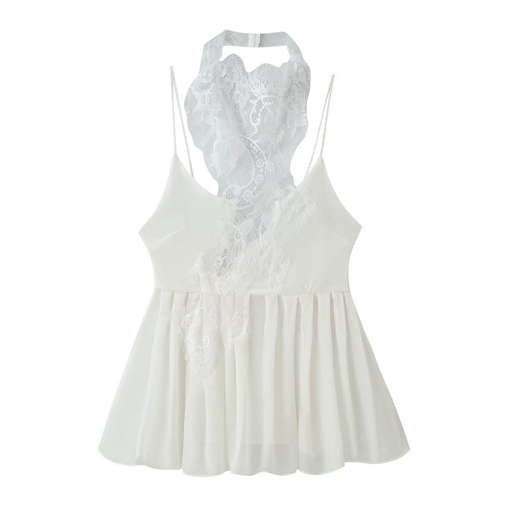 Women Clothing Autumn Korean Fresh Simple Elegant Sweet Lace Splicing Sling