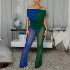 Women Clothing Shoulder Baring Mesh Pleated Color Matching Jumpsuit