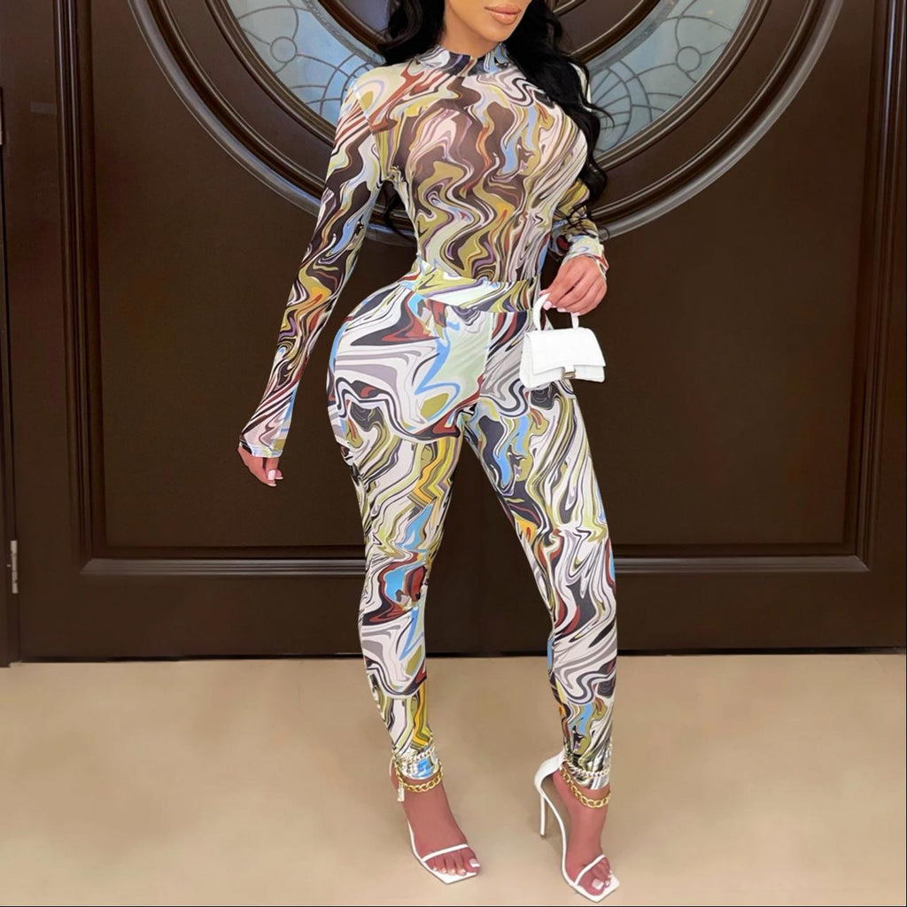 Women Wear Painted Tight Long Sleeve Pants Mesh See Through
