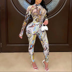 Women Wear Painted Tight Long Sleeve Pants Mesh See Through